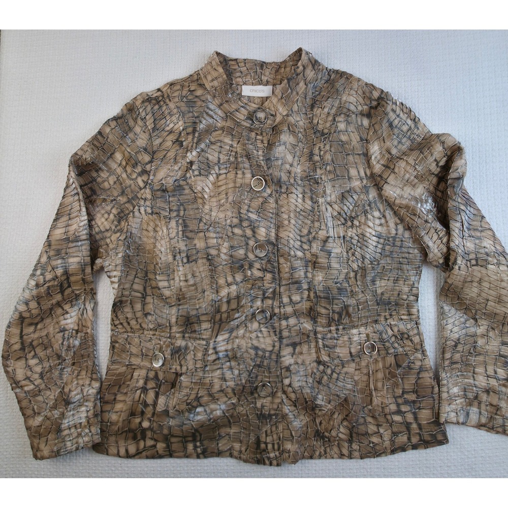 Chico's Jacket Women 2 Brown Crocodile Print Textured Peplum Excellent
